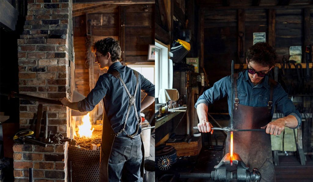 Side-by-side photos of a blacksmith working in a historic forge