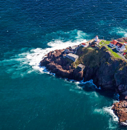 Aerial view of Fort Amherst showing lighthouse and water