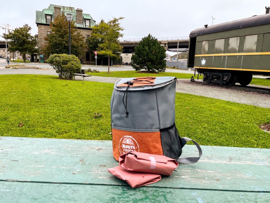 A Roots Rants and Roars backpack with two packaged food items on a green picnic table. The Railway Coastal Museum and a train in the background.