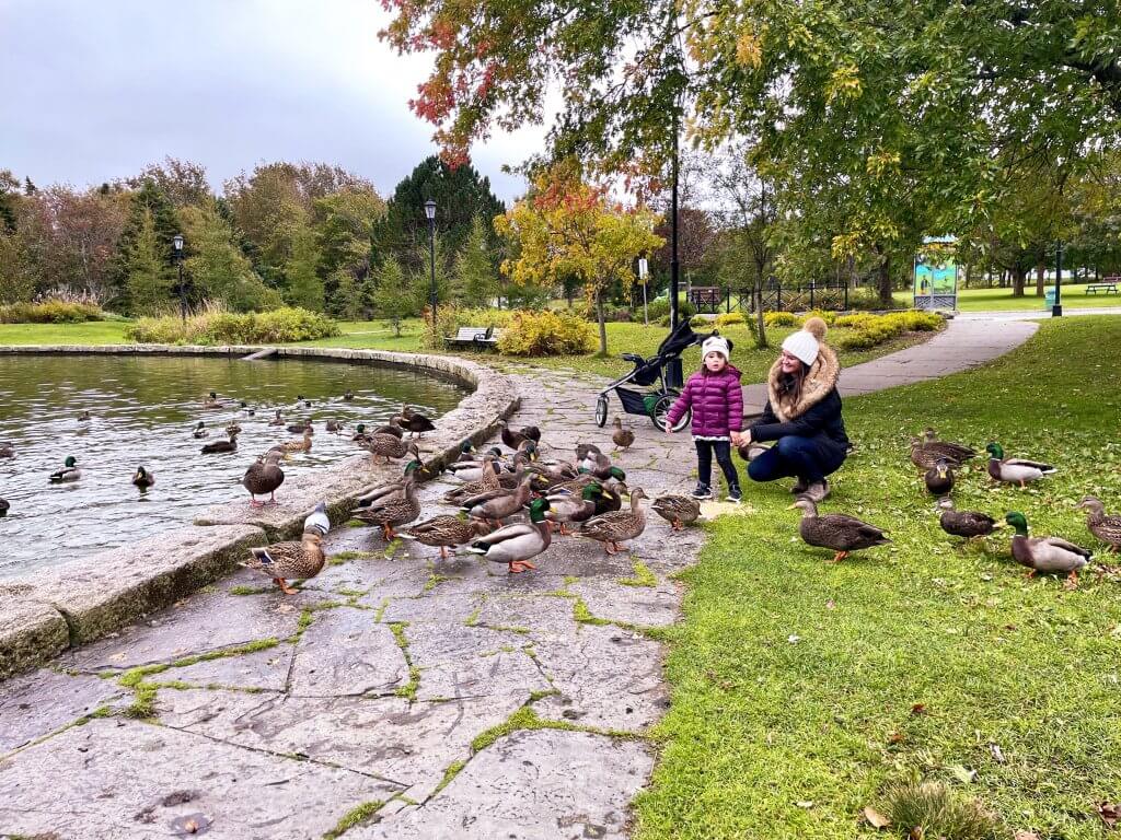 A woman and a small child happily feeding the ducks at the park.