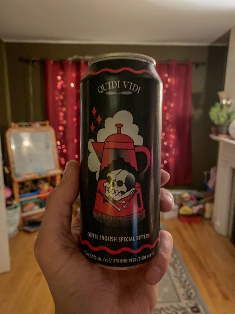 A can of Dark Star is held in the foreground with a cozy looking living room in the back.