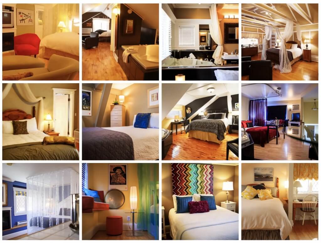 A collage of 12 photographs of Leaside Manor's guest suites