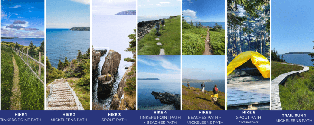 Photo examples of the six optional hikes for the Trailraiser — The East Coast Trail's annual fundraiser