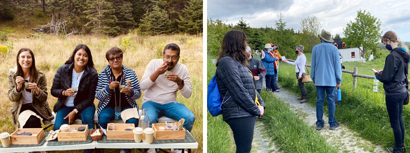 NatureMinded.ca groups of people enjoying a picnic and a walk through on a rural trail